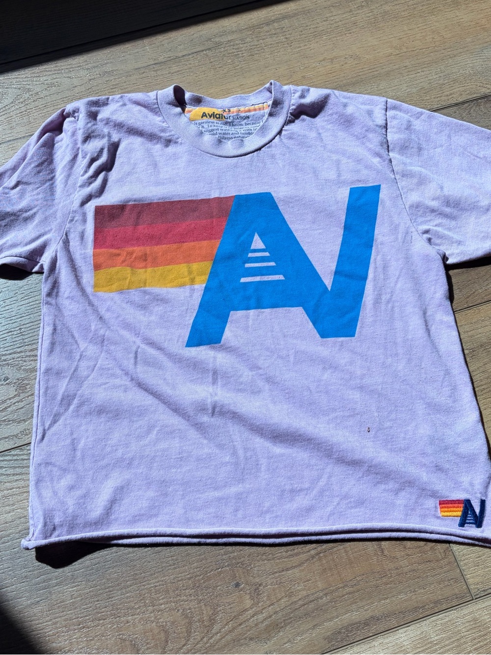 Aviator Nation Lavender Tee with Blue Logo and Retro Stripe